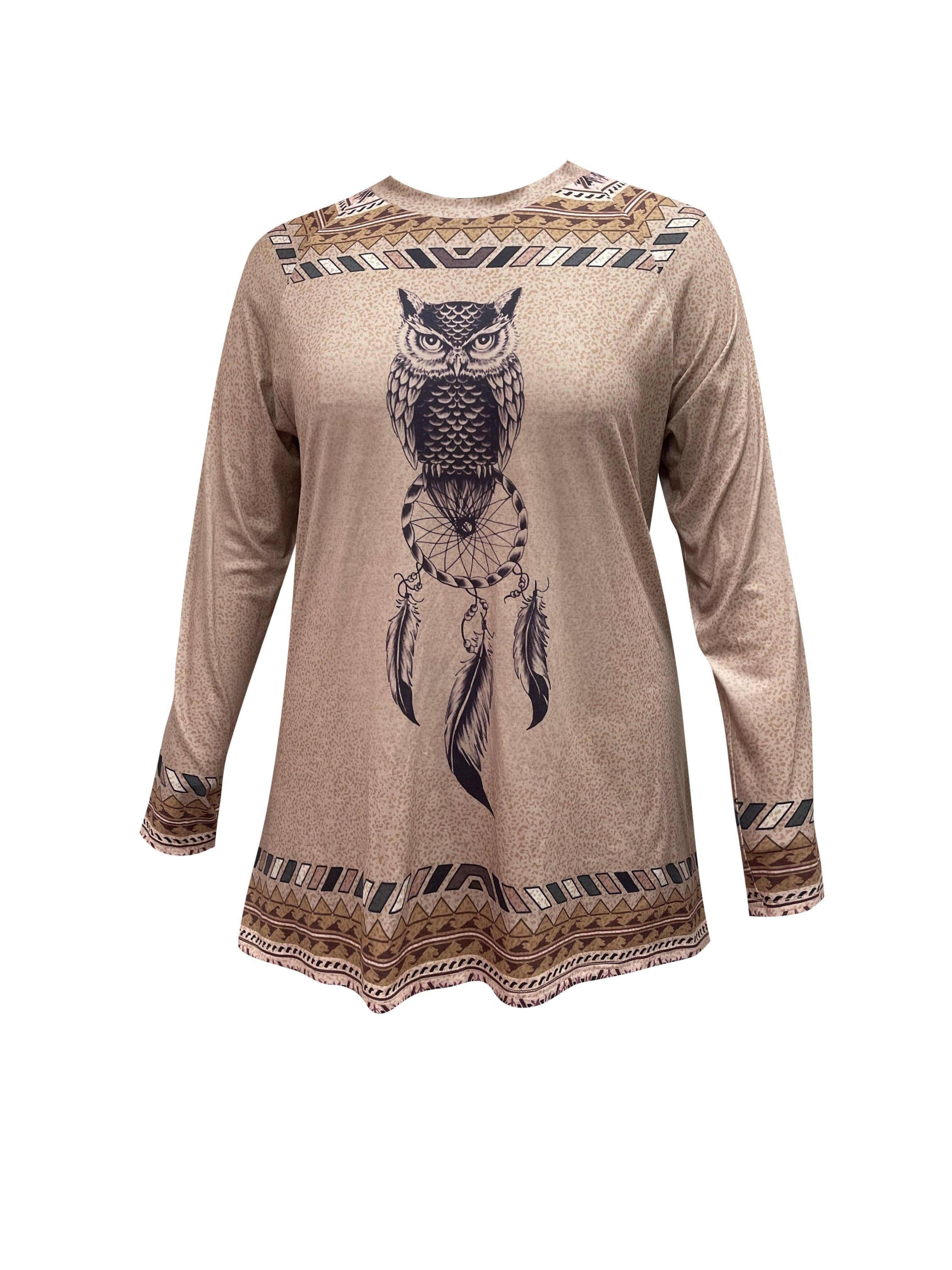 Plus Size Ethnic Style Top, Women's Plus Tribal Feather & Owl & Geometric Print Long Sleeve Round Neck Tunic Top