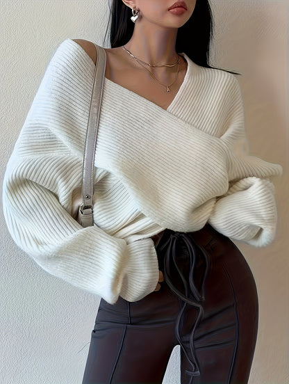 vlovelaw  Solid Cross Front V Neck Sweater, Elegant Long Sleeve Pullover Sweater, Women's Clothing