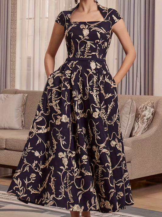 vlovelaw Plus Size Elegant Bridesmaid Dress, Women's Plus Floral Print Cap Sleeve Square Neck A-line Maxi Evening Formal Dress