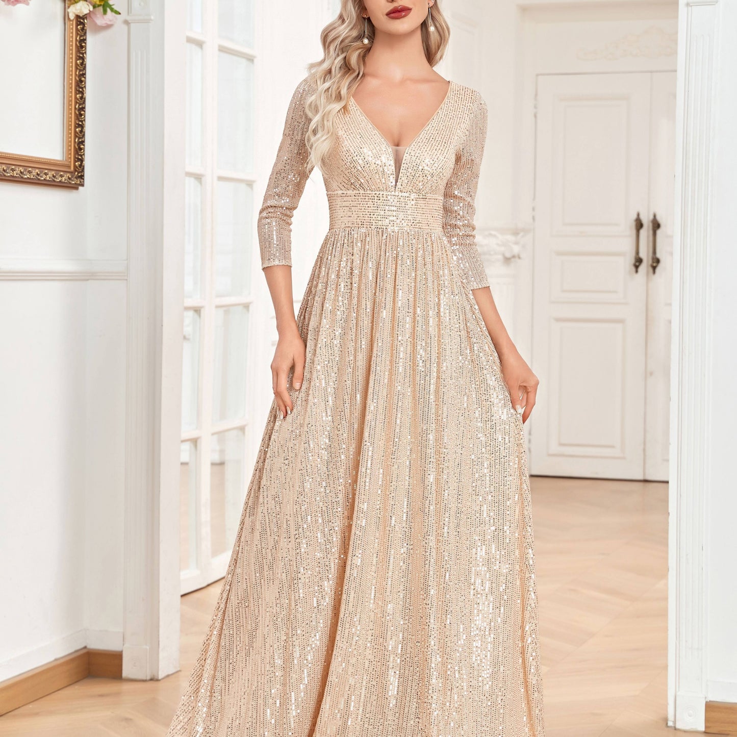 vlovelaw  High Waist Sequined Maxi Dress, V Neck Gown Dress For Bridesmaid, Cocktail Party, Women's Clothing