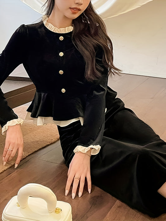 vlovelaw Elegant Velvet Two-piece Skirt Set, Contrast Trim Ruffle Trim Single Breasted Outwear & Solid Midi Skirt Outfits, Women's Clothing