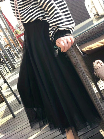 vlovelaw  Mesh Pleated Skirts, Elegant High Waist Drawstring Maxi Skirts, Women's Clothing