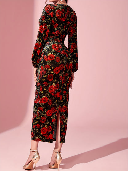 vlovelaw  Floral Print Surplice Neck Dress, Elegant Lantern Sleeve Bodycon Dress, Women's Clothing