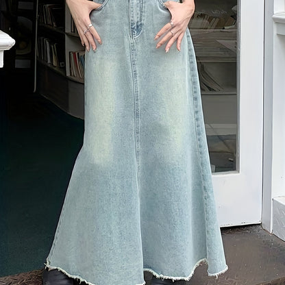 vlovelaw  Cross Strap High Waist Denim Midi Skirt, Raw Trim Loose A-line Fashion Elegant Denim Skirt, Women's Denim Clothing