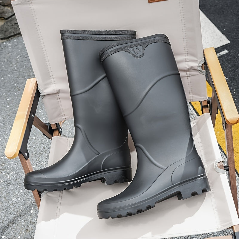Men's Solid Color Professional Knee High Waterproof Rain Boots, Comfy Non Slip Durable Water Shoes For Men's Rainy Day Outdoor