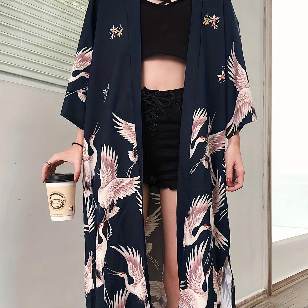 vlovelaw  Crane Print Split Kimono, Elegant Open Front Long Sleeve Coat For Spring & Fall, Women's Clothing
