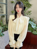 vlovelaw Solid Contrast Lace Blouse, Elegant Tie Neck Long Sleeve Blouse, Women's Clothing