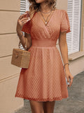 Solid Shirred Waist Dress, Elegant V Neck Flutter Sleeve Dress, Women's Clothing