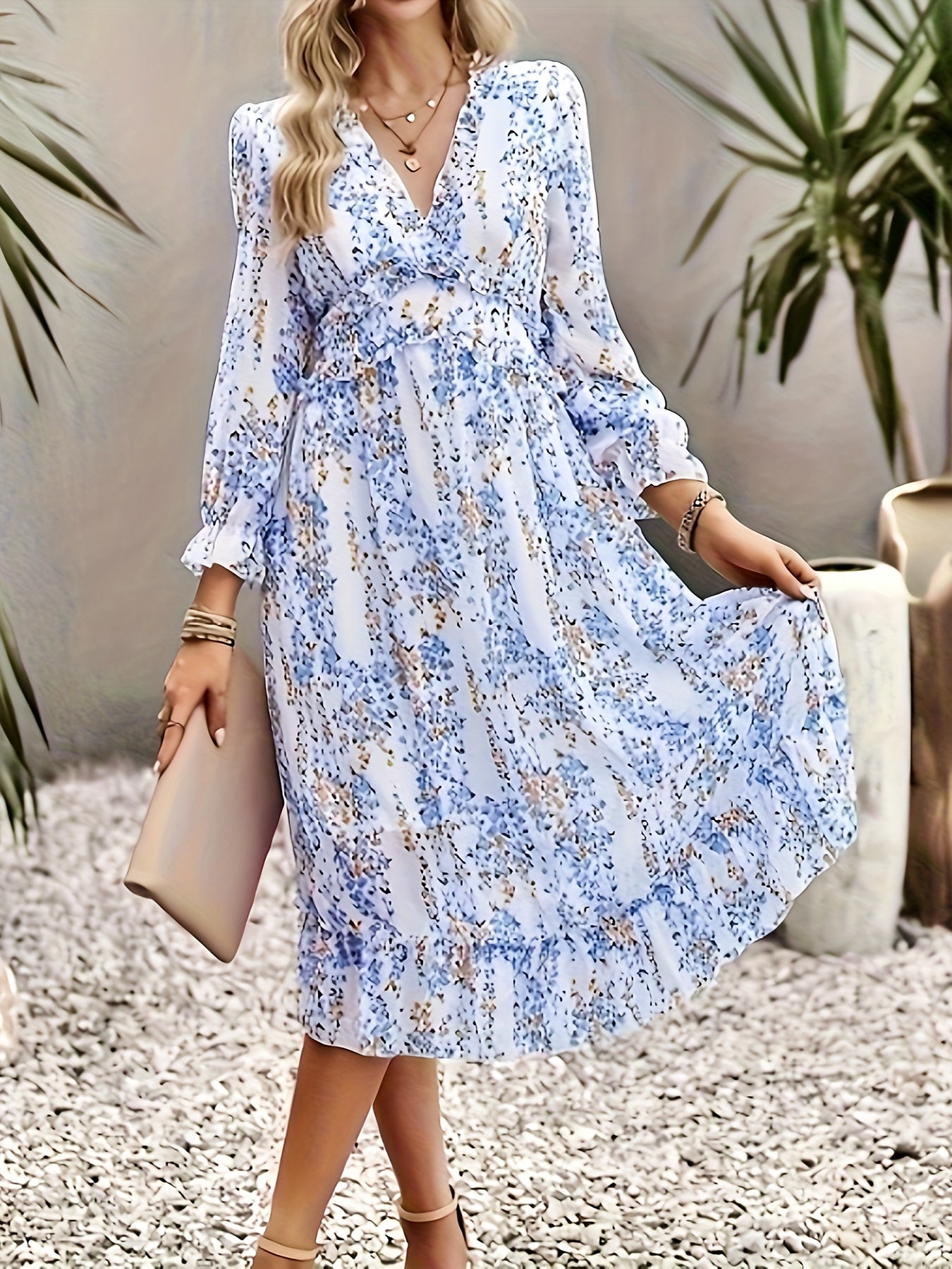 vlovelaw  Floral Print V Neck Dress, Elegant Long Sleeve Dress For Spring & Fall, Women's Clothing
