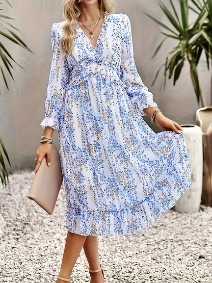 vlovelaw  Floral Print V Neck Dress, Elegant Long Sleeve Dress For Spring & Fall, Women's Clothing