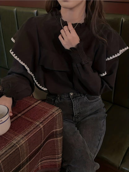 Ruffle Trim Crew Neck Blouse, Elegant Long Sleeve Versatile Blouse, Women's Clothing