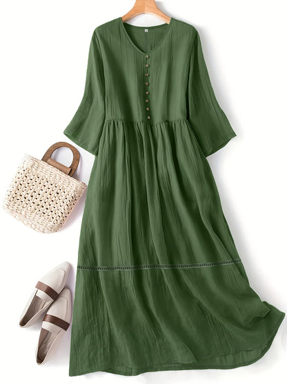 vlovelaw  Plus Size Casual Dress, Women's Plus Solid Button Decor Long Sleeve V Neck Dress