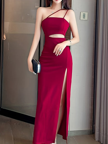 vlovelaw One Shoulder Cut Out Dress, Split Thigh Elegant Sleeveless Dress For Party & Banquet, Women's Clothing