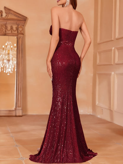 Off Shoulder Sequin Split Thigh Dress, Elegant Sleeveless Dress For Party & Banquet, Women's Clothing