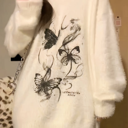 Butterfly Pattern Knitted Pullover Top, Casual Crew Neck Long Sleeve Sweater For Fall & Winter, Women's Clothing