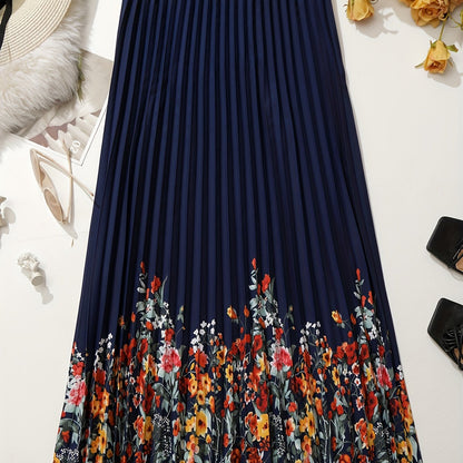 Plus Size Casual Skirt, Women's Plus Floral Print Slight Stretch Pleated Skirt