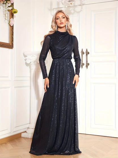 vlovelaw  Sequin Decor Long Sleeve Bridesmaid Dress, Elegant Cowl Neck Dress For Wedding Party, Women's Clothing