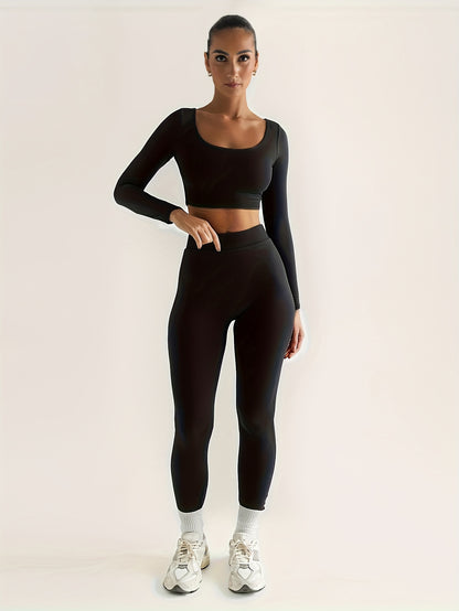vlovelaw  Solid Color Spring Casual Two-piece Set, U Neck Long Sleeve Crop Top & Skinny Pants Outfits, Women's Clothing