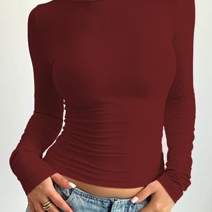 vlovelaw  Solid Crew Neck T-Shirt, Casual Long Sleeve Top For Spring & Fall, Women's Clothing