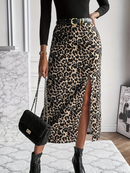 Leopard Print Split Hem Skirt, Casual High Waist Skirt, Women's Clothing
