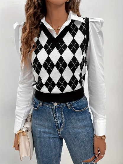 vlovelaw  Argyle Print V Neck Sweater Vest, Casual Sleeveless Knit Top, Women's Clothing