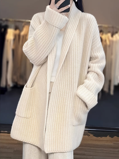 vlovelaw  Solid Open Front Knit Cardigan, Casual Long Sleeve Drop Shoulder Sweater With Pocket, Women's Clothing