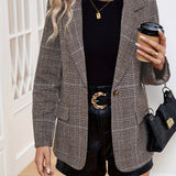 Plaid Print Button Front Blazer, Elegant Lapel Long Sleeve Blazer For Office & Work, Women's Clothing