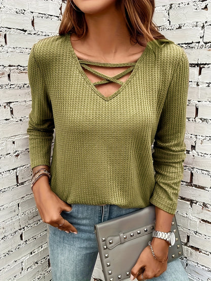 vlovelaw  Cross Front V Neck Knitted Top, Casual Long Sleeve Top For Spring & Fall, Women's Clothing