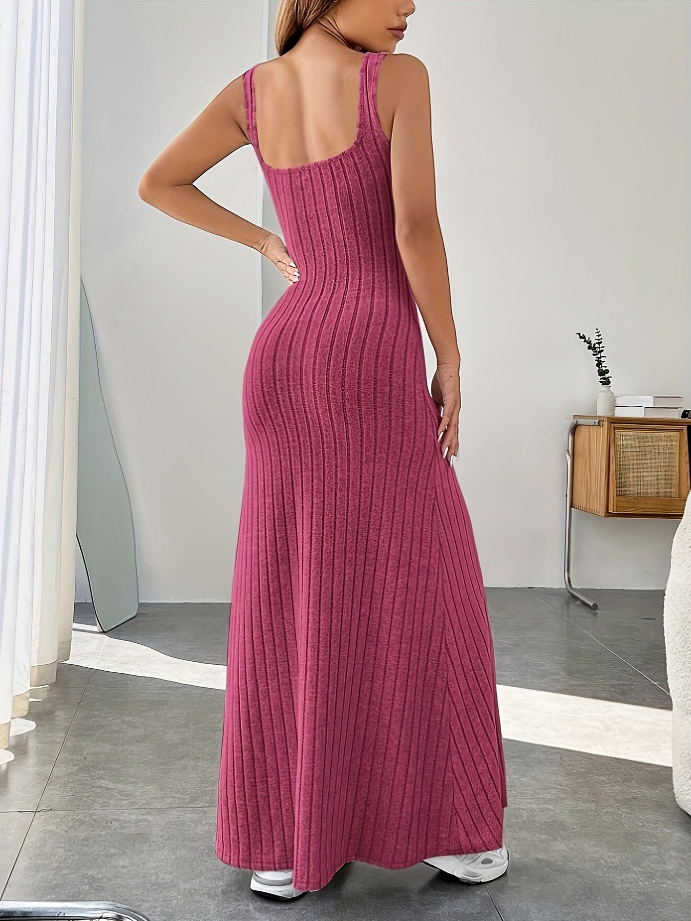 vlovelaw Solid Button Front Tank Dress, Versatile Square Neck Sleeveless Slim Dress For Spring & Summer, Women's Clothing