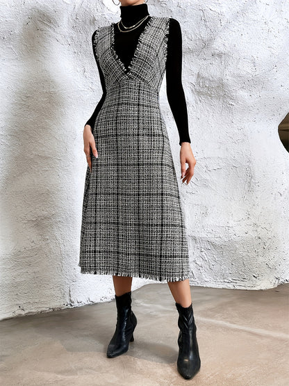 vlovelaw Plaid Print Raw Trim Overall Dress, Sleeveless V-neck Elegant Dress, Women's Clothing