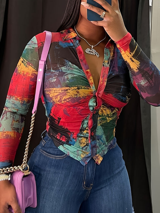 vlovelaw  All Over Print Collared T-Shirt, Casual Long Sleeve Top For Spring & Fall, Women's Clothing