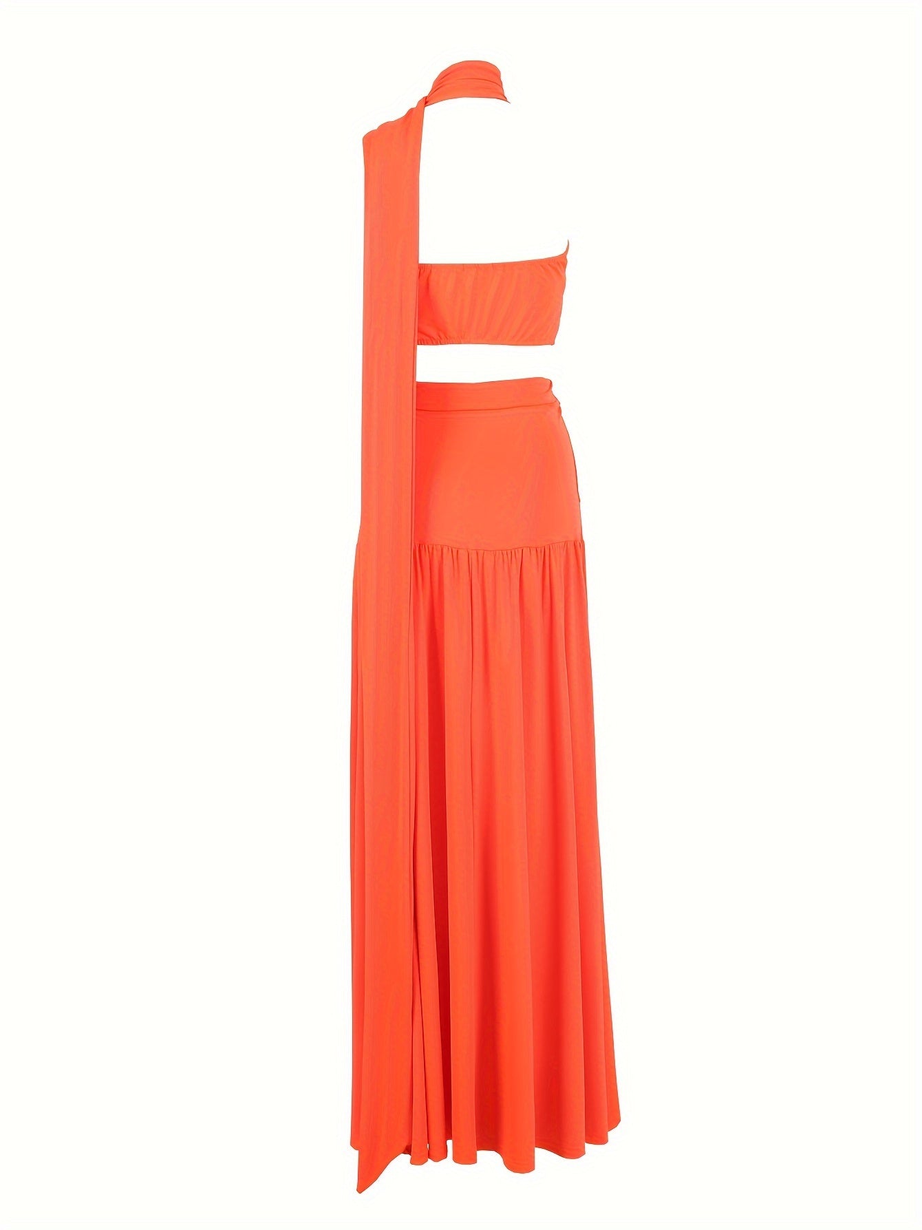 vlovelaw  Elegant Solid Two-piece Skirt Set, Crop Halter Top & Ruffle Hem Split Court Train Skirt Outfits, Women's Clothing