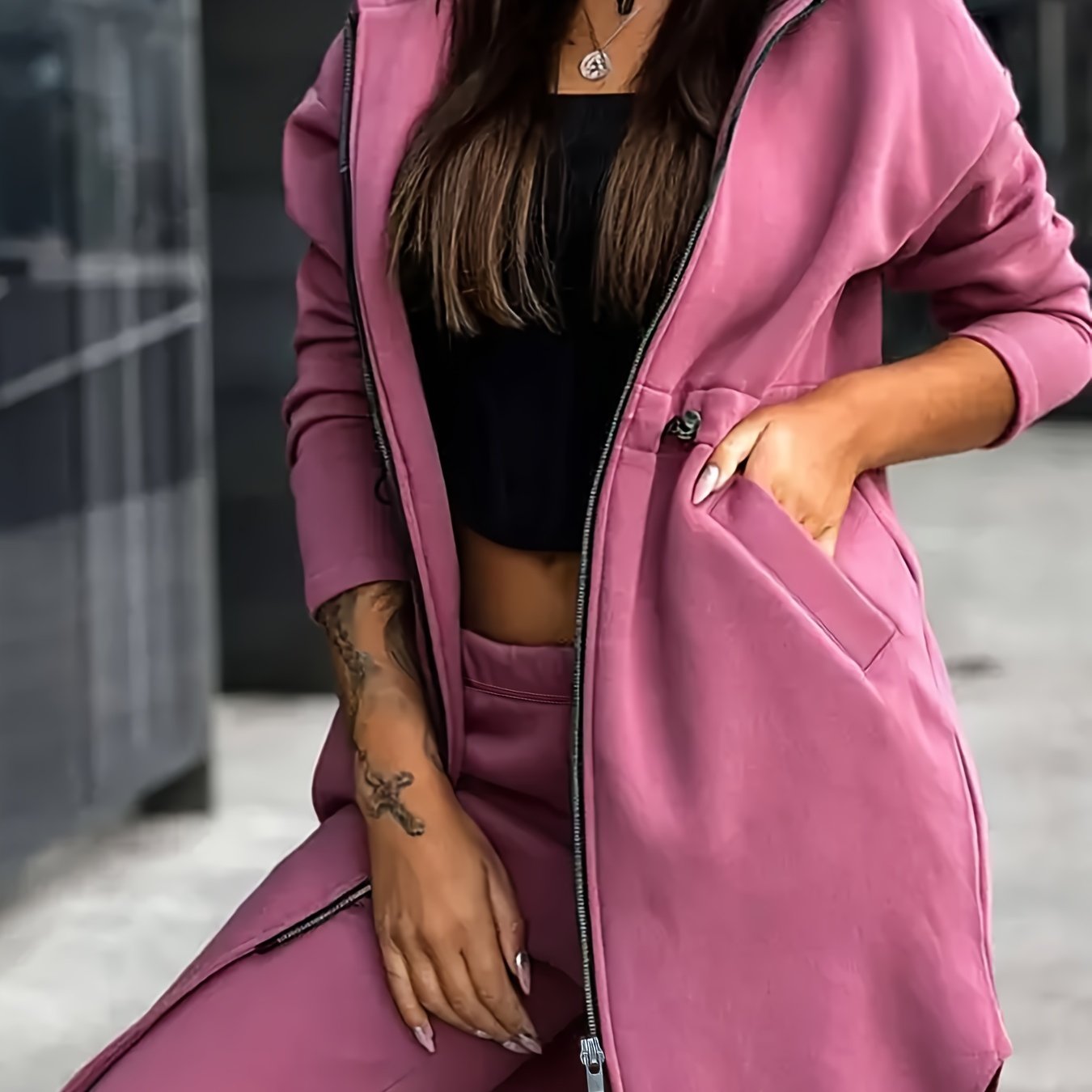 Solid Casual Two-piece Set, Zip Up Mid Length Hooded Tops & Long Length Jogger Pants Outfits, Women's Clothing