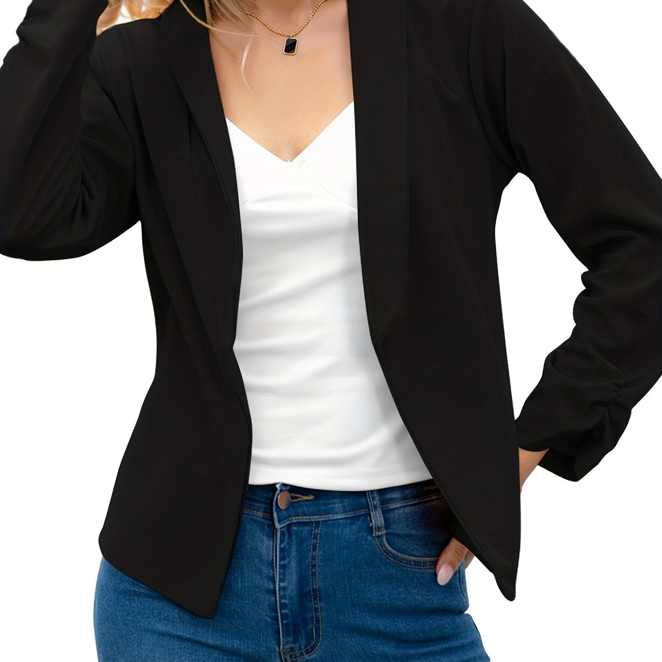 Elegant Solid Long Sleeve Blazer, Open Front Lapel Blazer, Elegant & Stylish Tops For Office & Work, Women's Clothing