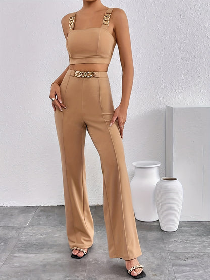 vlovelaw  Elegant Solid Color Two-piece, Chain Strap Backless Crop Top & High Waist Straight Leg Pants Outfits, Women's Clothing