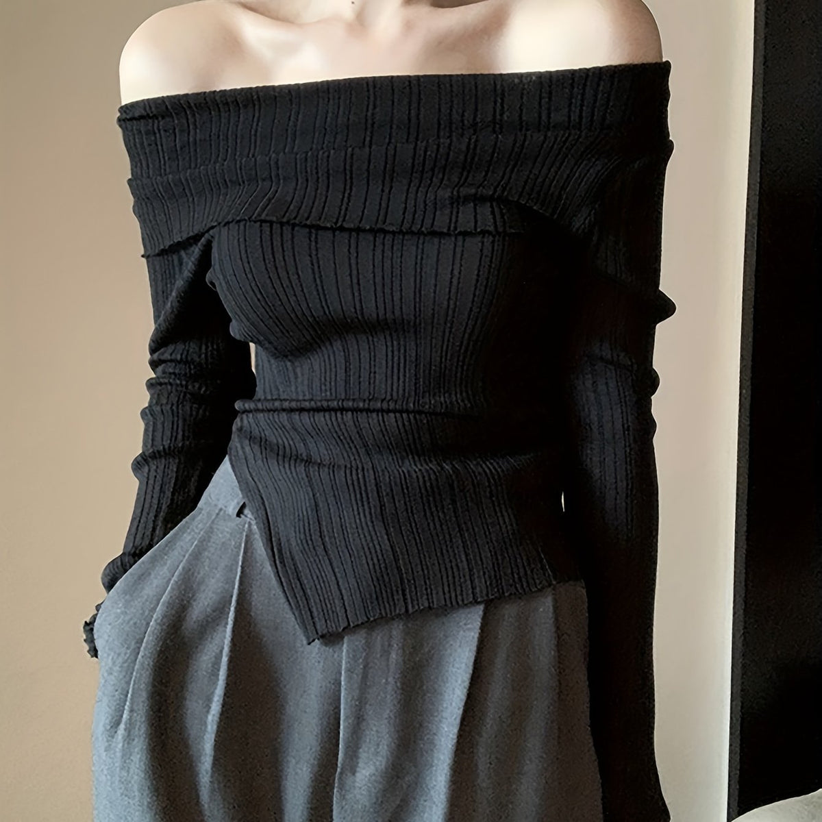vlovelaw  Y2K Solid Off Shoulder Knitted Top, Streetwear Long Sleeve Split Slim Sweater, Women's Clothing
