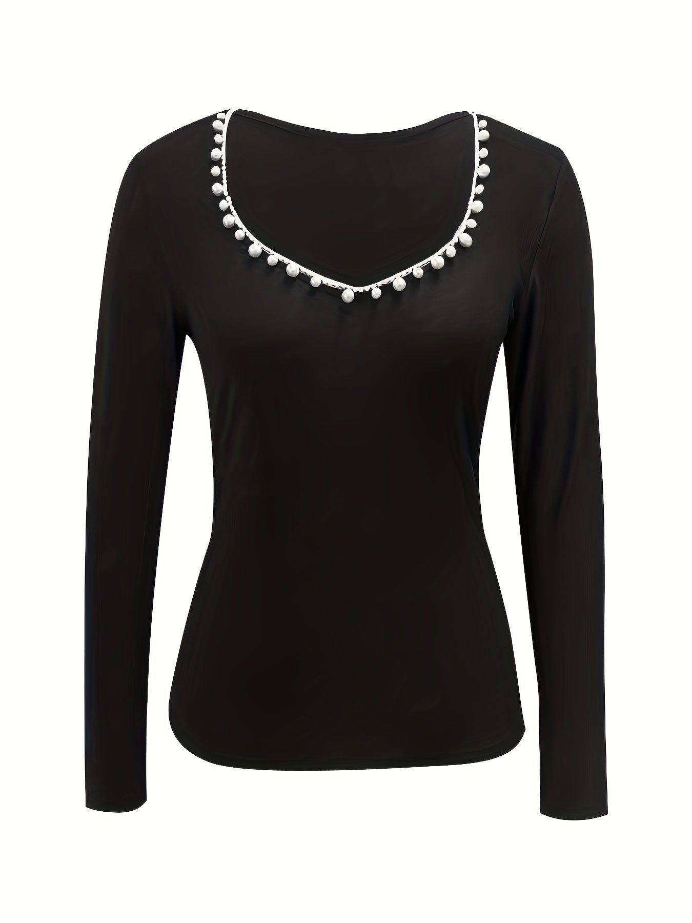 Solid Beaded Slim T-Shirt, Versatile Long Sleeve T-Shirt For Spring & Fall, Women's Clothing
