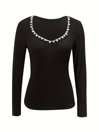 Solid Beaded Slim T-Shirt, Versatile Long Sleeve T-Shirt For Spring & Fall, Women's Clothing