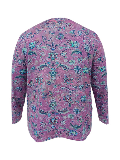Plus Size Casual T-shirt, Women's Plus Floral Print Long Sleeve V Neck Slight Stretch T-shirt