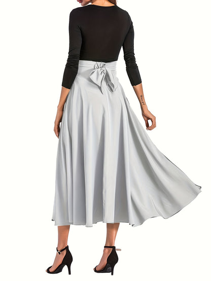 Plus Size Casual Skirt, Women's Plus Solid High Rise Belted Zipper Back A-line Skirt
