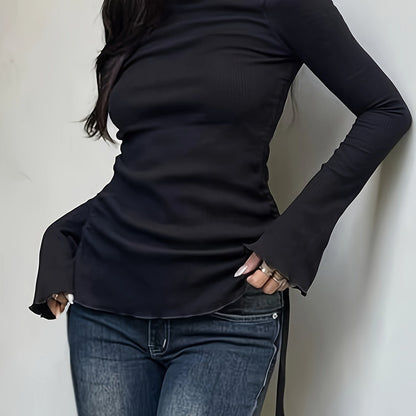vlovelaw  Drawstring Crew Neck T-Shirt, Y2K Long Sleeve Lettuce Trim Top For Spring & Fall, Women's Clothing