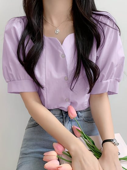 vlovelaw Solid Color Button Front Blouse, Casual Short Sleeve Blouse For Spring & Summer, Women's Clothing