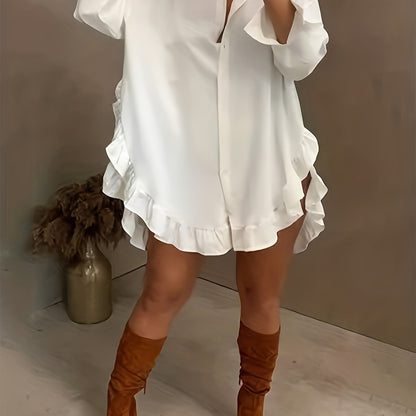Ruffle Hem Button Front Blouse, Stylish Long Sleeve Blouse For Spring & Fall, Women's Clothing