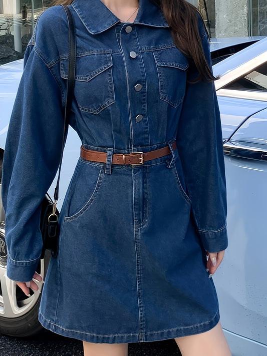 vlovelaw  Single-breasted Long Sleeve Denim Dress With Belt, Lapel Casual Plain Washed Blue Flap Pocket Denim Dress, Women's Denim Jeans & Clothing