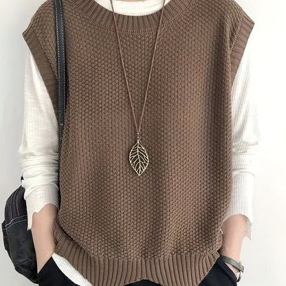 vlovelaw  vlovelaw  Solid Crew Neck Sweater Vest, Casual Sleeveless Vest For Spring & Fall, Women's Clothing
