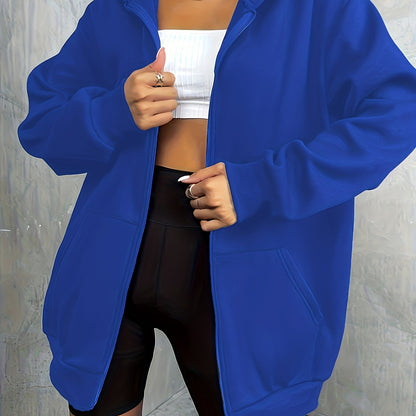 vlovelaw  Solid Zip Up Oversized Hoodie, Casual Long Sleeve Pocket Hoodies Sweatshirt, Women's Clothing