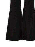 vlovelaw Plus Size Casual Pants, Women's Plus Plain High Waist Slight Stretch Loose Flare Leg Pants