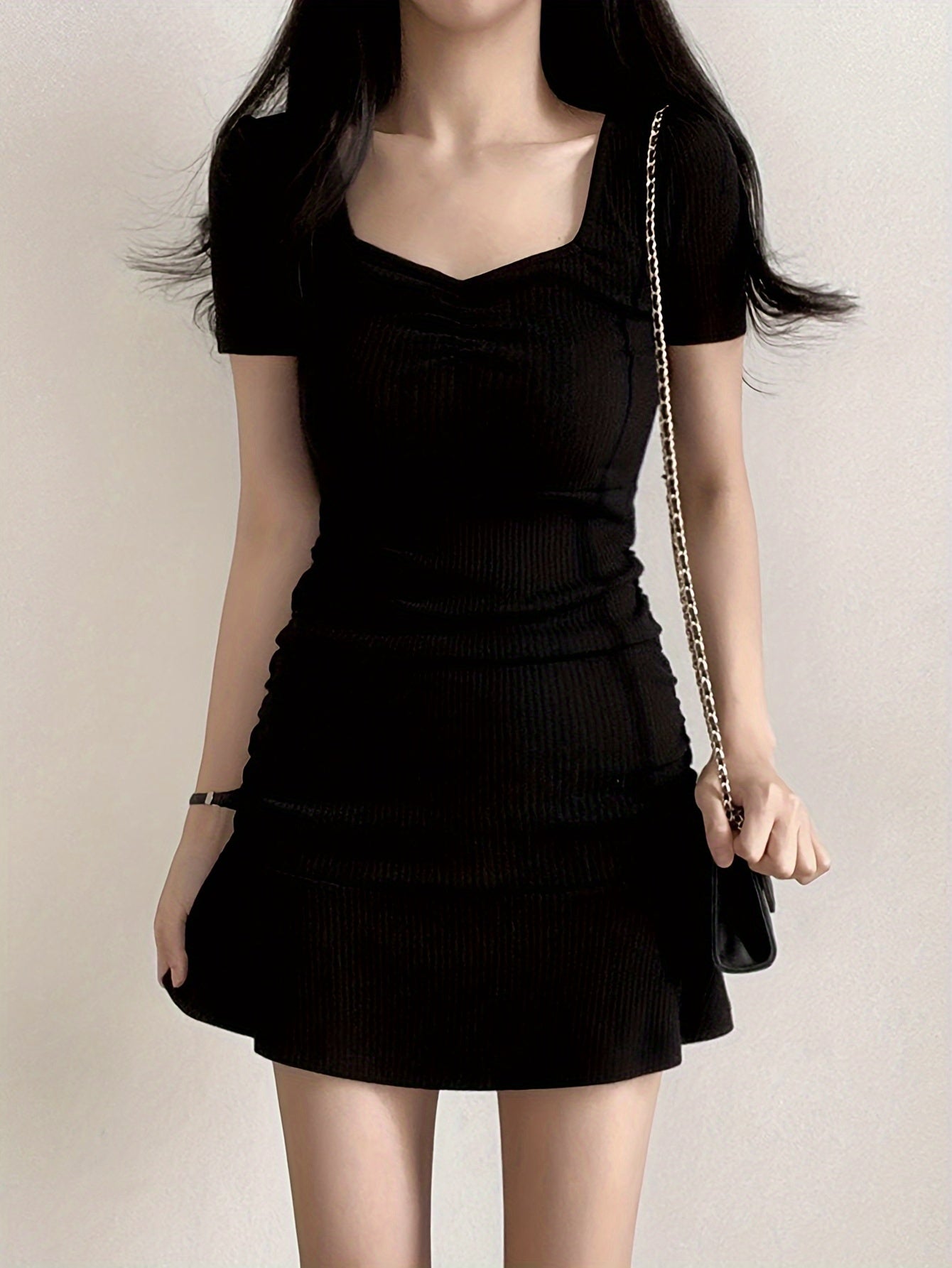 vlovelaw  Solid V Neck A-line Mini Dress, Chic Short Sleeve Dress For Spring & Summer, Women's Clothing