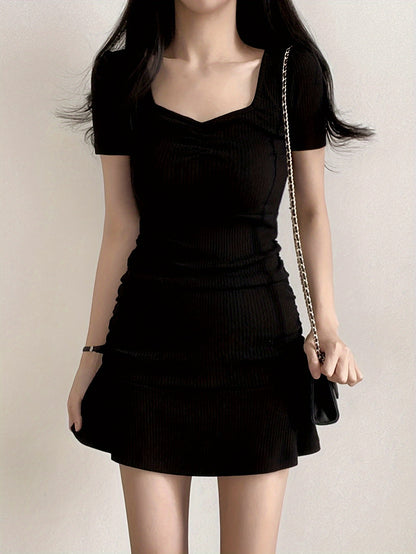 vlovelaw  Solid V Neck A-line Mini Dress, Chic Short Sleeve Dress For Spring & Summer, Women's Clothing