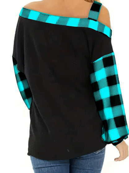 Plus Size Casual Top, Women's Plus Colorblock Gingham Print One Shoulder Long Sleeve Top